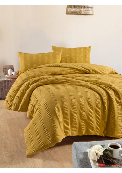 Seersucker Vogue Çift Kişilik Nevresim Takımı Hardal Kutulu