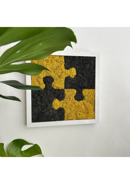 30X30 cm Puzzle Desenli Yosun Tablo | El Yapımı, Bakım Gerektirmeyen Doğal Duvar Dekoru | Sarı-Siyah Kontrastlı Bitki Sanatı