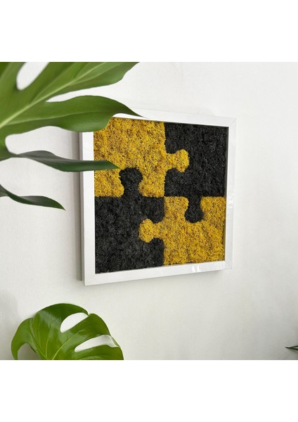 30X30 cm Puzzle Desenli Yosun Tablo | El Yapımı, Bakım Gerektirmeyen Doğal Duvar Dekoru | Sarı-Siyah Kontrastlı Bitki Sanatı