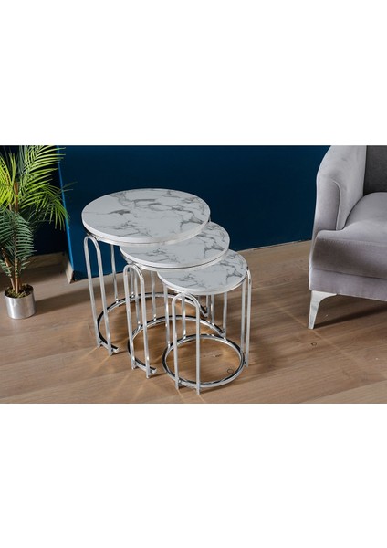 Lenka Zigon Orta Sehpa Takımı Yuvarlak Gümüş Metal 3+1 - Beyaz Mermer Ahşap Zigonorta-Gümüş modelleri
