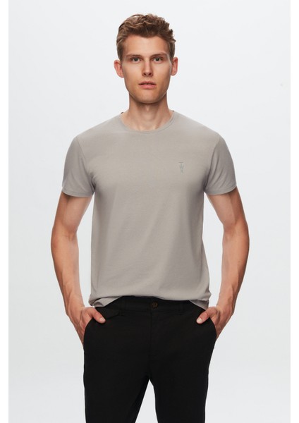Slim Fit Gri Düz Kabartma Baskılı T-Shirt