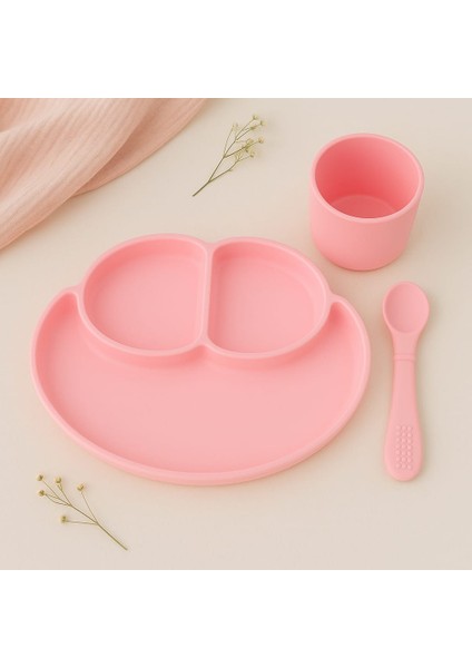 Bebek Vakumlu Mama Tabağı, Kaşığı ve Bardak Seti Silikon Bebek Beslenme Set