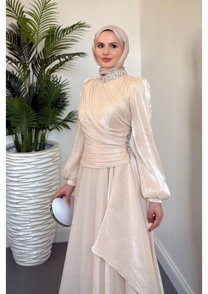 Kylea Yandan Taşlı Jan Jan Abiye Krem