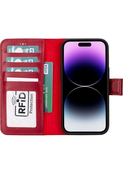 Apple iPhone 15 Uyumlu Deri Cüzdanlı Kılıf Mwwn V4EF Kırmızı