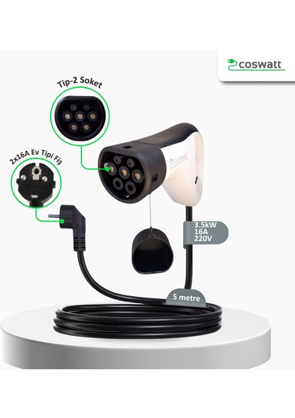 EV03 Taşınabilir Şarj Cihazı 3.5 Kw / 16A / 5m / Tip-2 Soket / Ev Tipi 2X16A Fiş / 220V Ac / Taşıma Çantalı