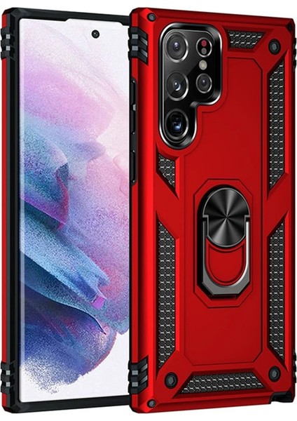 Newface Samsung Galaxy S21 Ultra Kılıf Sofya Yüzüklü Silikon Kapak - Kırmızı