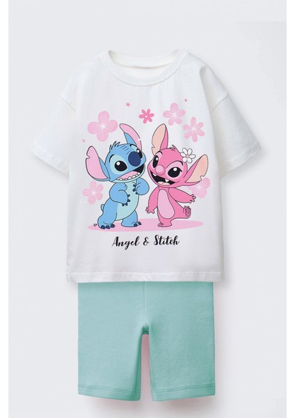 Angel ve Stitch Baskılı Taytlı Kız Çocuk Takım