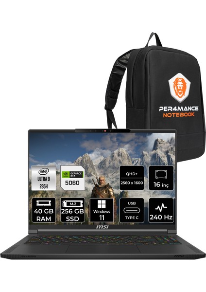 Msı Stealth 16 Aı Intel Core Ultra 9 285H 40GB 256GB SSD RTX5060/8GB 16" Qhd+ 240Hz Windows 11 Pro Taşınabilir Bilgisayar & Per4 Çanta A2HWFG062TRP401