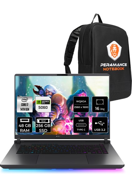 Rog Strix G16 Intel Core I7 14650HX 48GB 256GB SSD RTX5060/8GB 16" Qhd+ 240Hz Freedos Taşınabilir Bilgisayar & Per4 Çanta G615JMRS5049P326 fiyatları