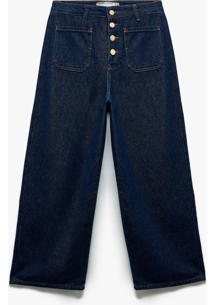 Normal Paça Düğmeli Yüksek Bel Pamuklu Geniş Paça Crop Jean Pantolon - Wide Leg Jeans