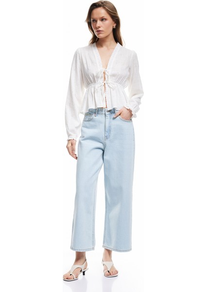 Pamuklu Düğmeli Cepli Normal Bel Crop Geniş Paça Jean Pantolon - Wide Leg Jean
