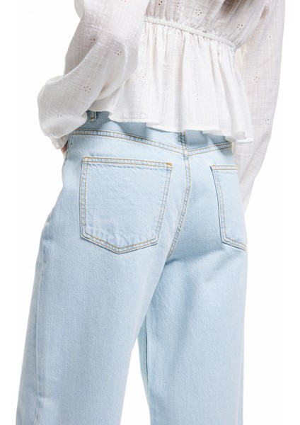 Pamuklu Düğmeli Cepli Normal Bel Crop Geniş Paça Jean Pantolon - Wide Leg Jean modelleri