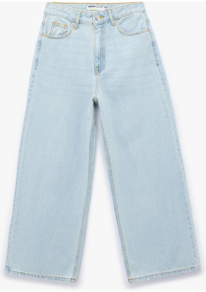 Pamuklu Düğmeli Cepli Normal Bel Crop Geniş Paça Jean Pantolon - Wide Leg Jean fırsatları
