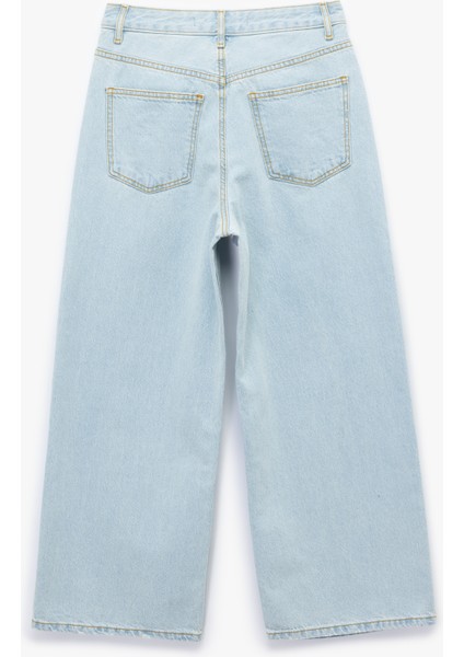 Pamuklu Düğmeli Cepli Normal Bel Crop Geniş Paça Jean Pantolon - Wide Leg Jean indirimleri
