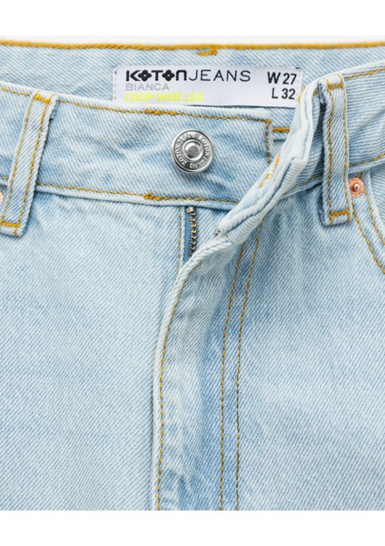 Pamuklu Düğmeli Cepli Normal Bel Crop Geniş Paça Jean Pantolon - Wide Leg Jean