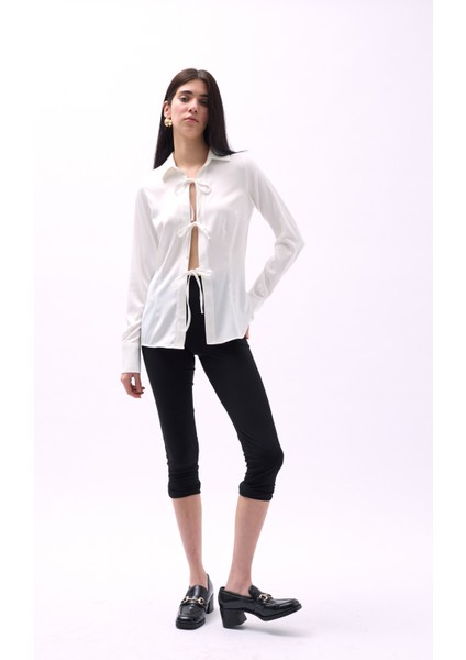 Bağlama Detay Saten Beyaz Gömlek modelleri