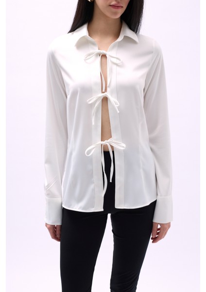 Bağlama Detay Saten Beyaz Gömlek indirimleri