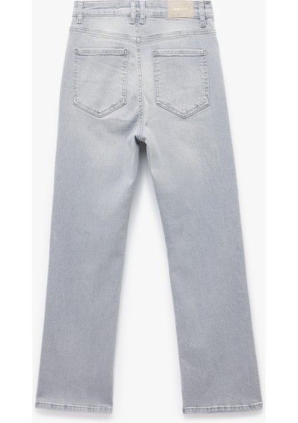 Yüksek Bel Dar Kalıp Düğmeli Cepli Ispanyol Paça Crop Jean Pantolon - Flare Jeans