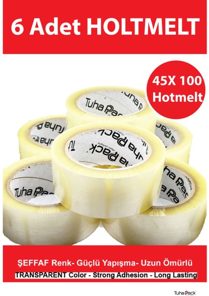45X100 Şeffaf - (6 Adet) | Hotmelt Güçlü Yapışkanlı Koli Bandı