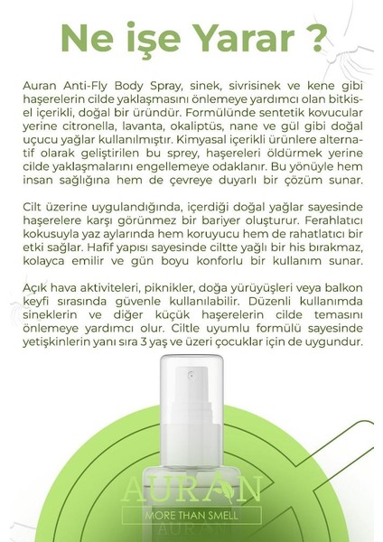 Anti-Fly Sinek, Sivrisinek, Kene ve Haşere Kovucu, Vücut Koruyucu, Bitkisel Sinek Savar Sprey 100ML