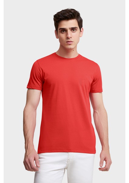 Slim Fit Mercan Düz Kabartma Baskılı T-Shirt