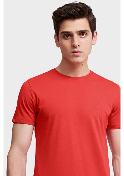 Slim Fit Mercan Düz Kabartma Baskılı T-Shirt modelleri