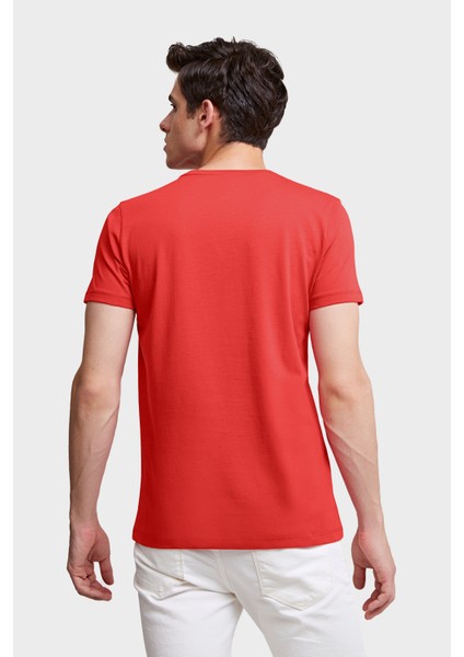 Slim Fit Mercan Düz Kabartma Baskılı T-Shirt fırsatları