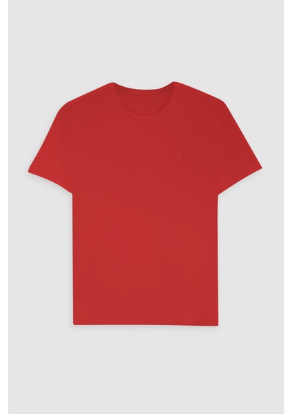 Slim Fit Mercan Düz Kabartma Baskılı T-Shirt indirimleri