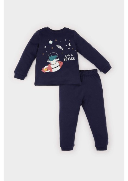 Erkek Bebek Pijama Takımı Uzay Baskılı Uzun Kollu Üst Beli Lastikli Uzun Alt D9068A525SP
