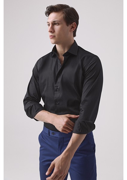 Ds Damat Slim Fit Siyah Düz Gömlek