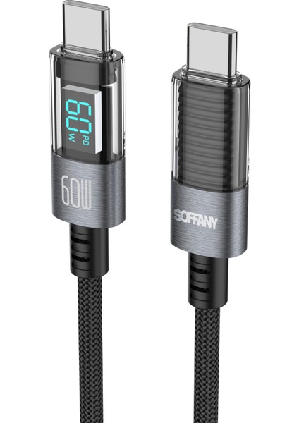 HM-540 Dijital Ekran Örgülü Hızlı Type-C To Type-C Şarj ve Data Kablosu, Estetik Tasarım, 60W 100CM, Andorid iPhone iPad Ipod Uyumlu, Siyah