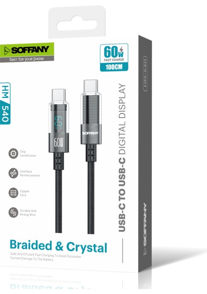 HM-540 Dijital Ekran Örgülü Hızlı Type-C To Type-C Şarj ve Data Kablosu, Estetik Tasarım, 60W 100CM, Andorid iPhone iPad Ipod Uyumlu, Siyah