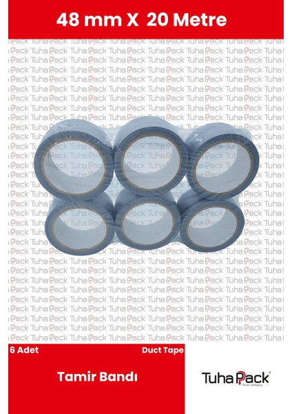 Tamir Bandı (Duct Tape) 48MM x 20M Gri (6 Adet)- Çok Amaçlı, Güçlü ve Su Geçirmez Tamir Bandı