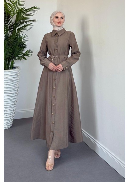 Valira Düğmeli Kemerli Elbise Vizon