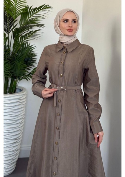 Valira Düğmeli Kemerli Elbise Vizon fiyatları