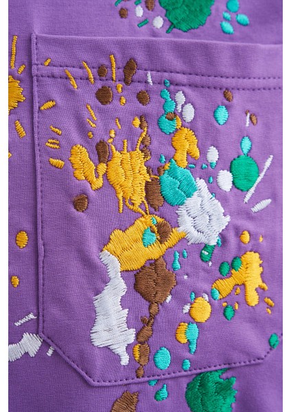 Erkek Splater Look Colored Embroidered Oversize Mor Tişört