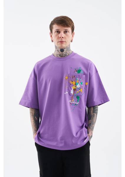 Erkek Splater Look Colored Embroidered Oversize Mor Tişört