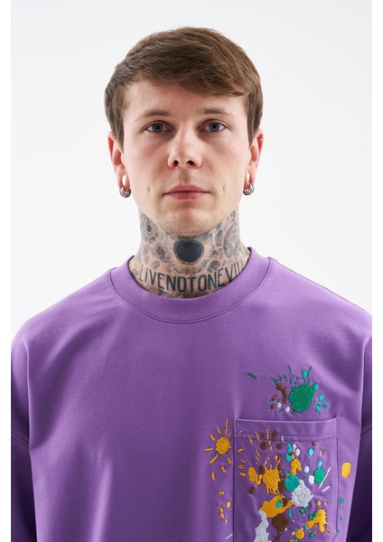 Erkek Splater Look Colored Embroidered Oversize Mor Tişört