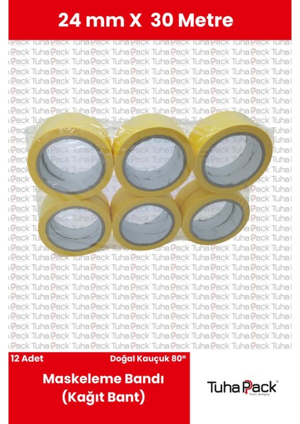 Maskeleme Bandı 24MM x 30M Sarı (12 Adet) (Kağıt Bant) - Oto Boya, Fırın ve Dekorasyon Bandı