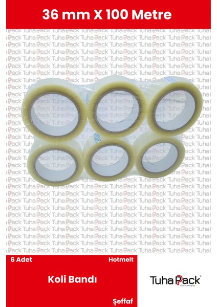 Koli Bandı 36MM x 100M Hotmelt Şeffaf (6 Adet) - Güçlü Yapışkanlı Koli Bandı