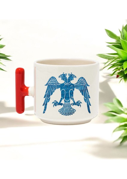 Selçuklu Tasarımlı Kırmızı T Kulplu Seramik Baskılı Kupa Bardak 250 ml