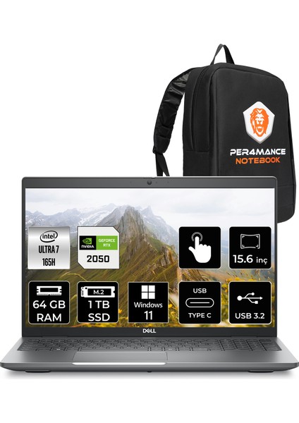 Latitude 5550 Intel Core Ultra 7 165H 64GB 1tb SSD RTX2050/4GB 15.6" Fhd Windows 11 Home Touch Taşınabilir Bilgisayar & Per4 Çanta XCTOL5550P373
