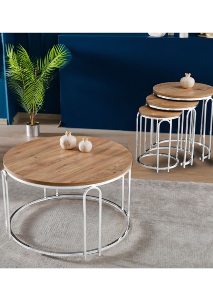 Lenka Zigon Orta Sehpa Takımı Yuvarlak Gümüş Metal 3+1 - Açık Ceviz Ahşap Lenka-Zigonorta-Gümüş
