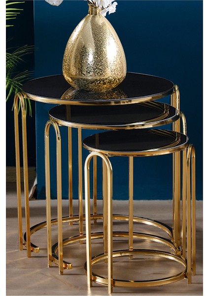 Lenka Zigon Sehpa Takımı Yuvarlak 3'lü Gold Metal - Siyah Aynalı Temperli Kırılmaz Cam Sedaş-Lenka