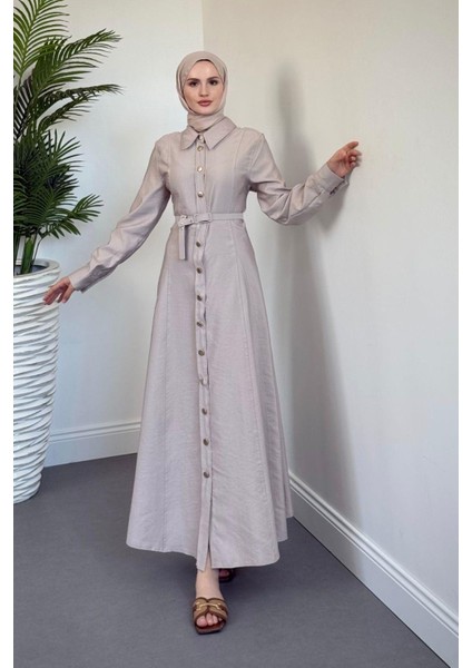 Valira Düğmeli Kemerli Elbise Krem