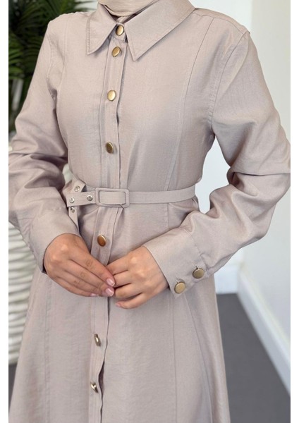 Valira Düğmeli Kemerli Elbise Krem modelleri