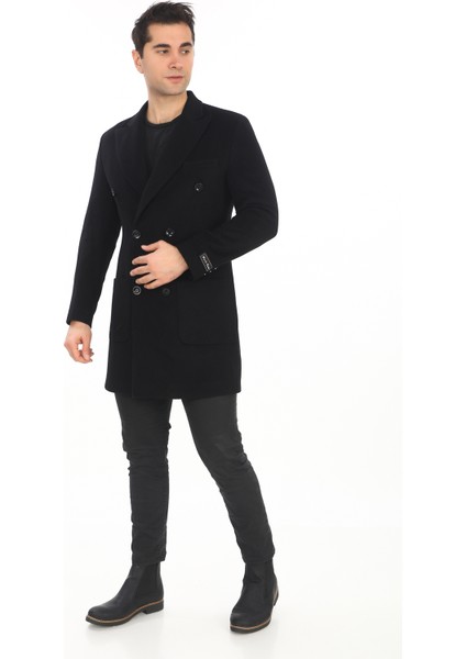 2834 Erkek Siyah Sivri Yaka Kruvaze Kısa Palto