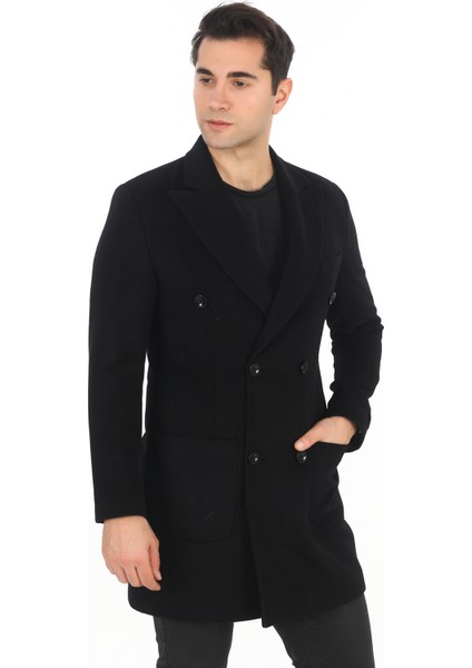2834 Erkek Siyah Sivri Yaka Kruvaze Kısa Palto modelleri