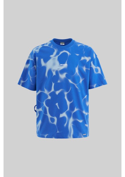 Erkek All Over Abstract Pattern Printed Oversize Soft Mavi Tişört