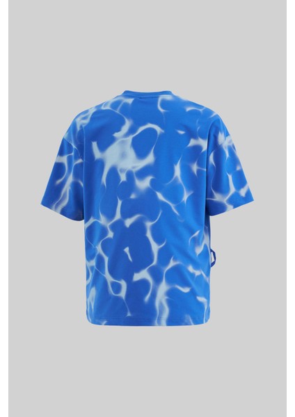 Erkek All Over Abstract Pattern Printed Oversize Soft Mavi Tişört